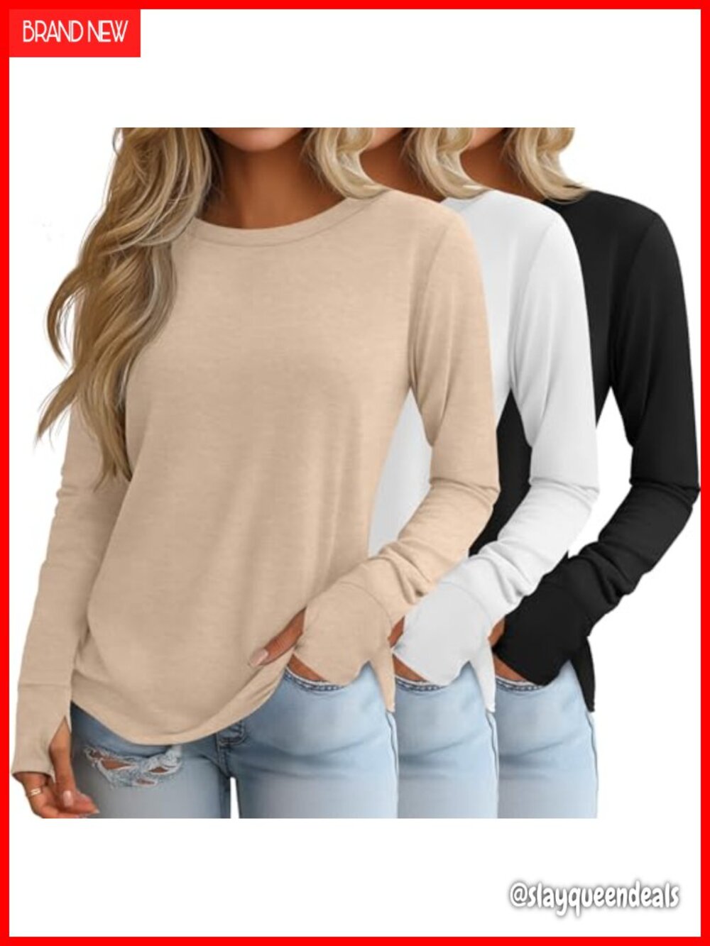 3 Pack Womens Long Sleeve Cotton Shirts with Thumb Holes Crew Neck Loose Fit